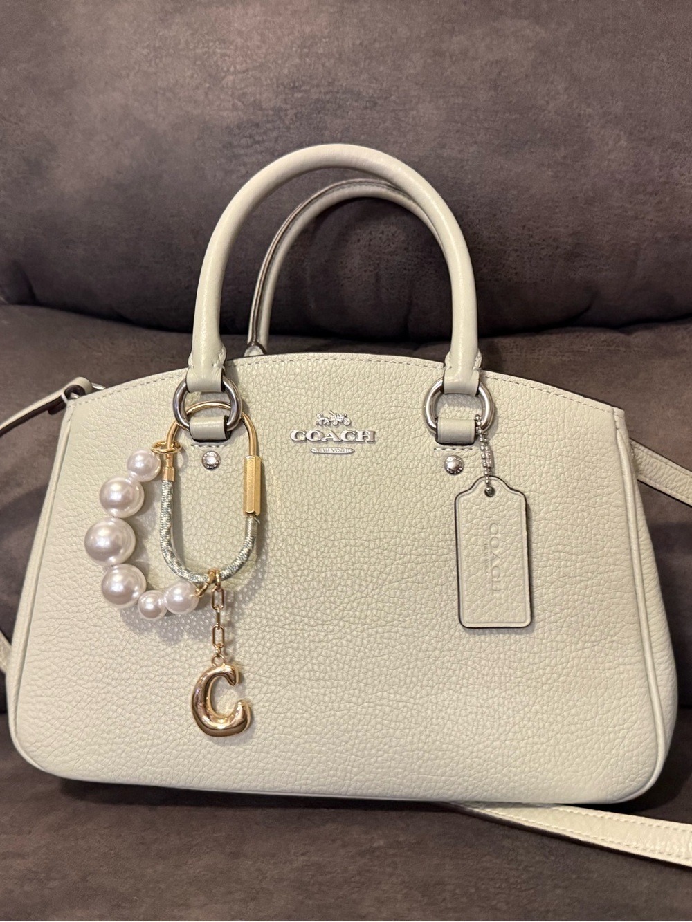 Coach Pistachio Pebbled Leather Mini Satchel with Pearl Charm